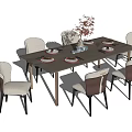 Modern Dining Table Set With Upholstered Chairs Tableware And Flower Arrangement 3d model