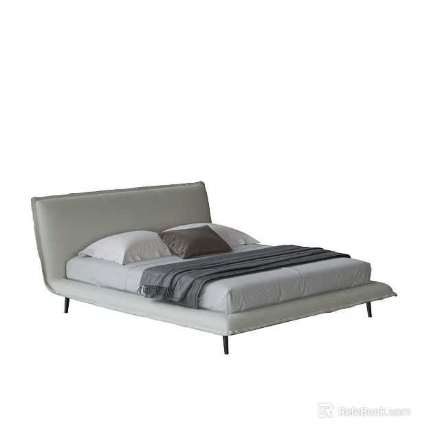 Modern Light Grey Leather Double Bed With Pillow And Striped Bedspread 3d model