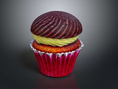 Delicious Cupcake With Red Paper Cup And Dark Brown Swirl Top Yellow Cream Filling 3d model