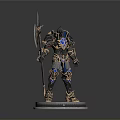 Battle Axe Wielded By Armored Warrior Statue With Ornate Metal Base And Blue Accents