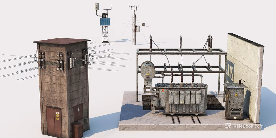 Industrial Electrical Equipment With Transformer Metal Framework And Utility Poles 3d model 