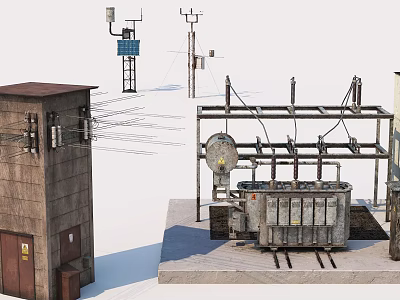Industrial Electrical Equipment With Transformer Metal Framework And Utility Poles 3d model