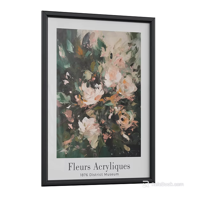 Vibrant Acrylic Floral Painting With Pink White Flowers Green Leaves And Framed 3d model 