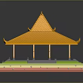 Cartoon Style Traditional Pavilion With Yellow Curved Eaves Roof Green Base And Clear Reflection