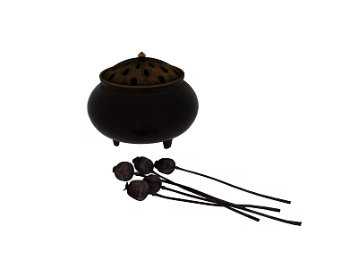 Black Incense Burner With Lotus Shaped Incense Sticks On White Background 3d model