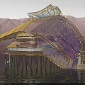 Future Architecture Over Water With Glass Metal Structure Curved Golden Roof And Stilts