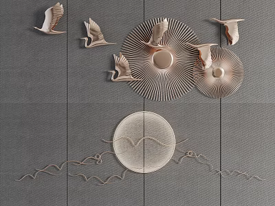 Elegant Wall Decor with Crane Birds Circular Radial Patterns and Wavy Lines Design 3d model