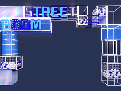 Street Bom Event Entrance with Blue Lighting Cube Structure and White Balls 3d model