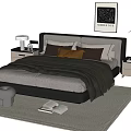 Modern Double Bed with Upholstered Headboard Gray Beige Bedding Nightstands Table Lamps Rug And Pouf