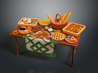 Assorted Breads Cookies Pie Breadsticks and Pastries on Table with Green Tablecloth Trays and Plates 3d model