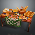 Assorted Breads Cookies Pie Breadsticks and Pastries on Table with Green Tablecloth Trays and Plates