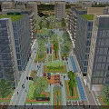 Modern Commercial Street With Greenery Pedestrian Areas Outdoor Seating And Tall Buildings