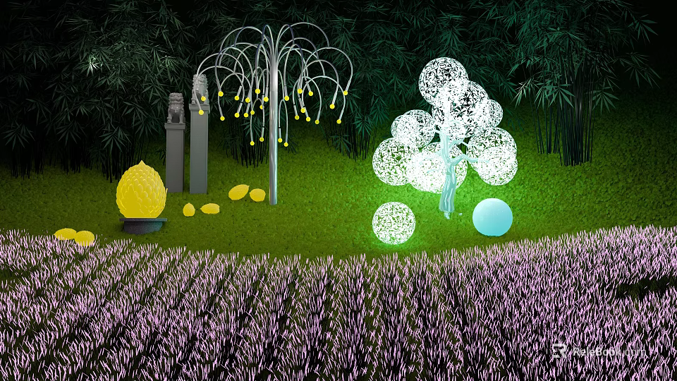 Outdoor Garden Lights With Willow Shaped And Spherical Designs Illuminated In Flower Field 3d model 