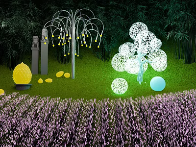 Outdoor Garden Lights With Willow Shaped And Spherical Designs Illuminated In Flower Field 3d model