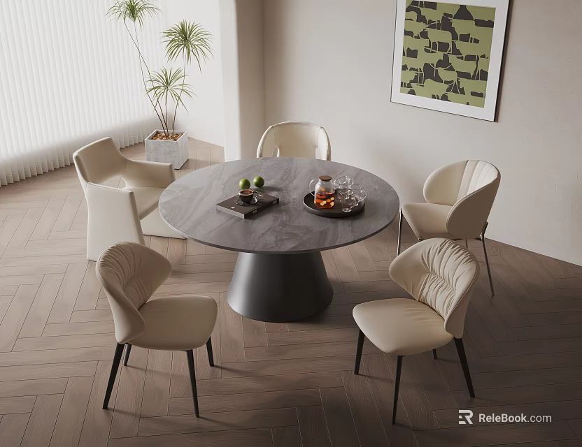 Elegant Round Dining Table Set With Beige Chairs Marble Top Wooden Floor And Decorative Painting 3d model 