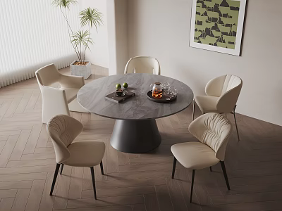 Elegant Round Dining Table Set With Beige Chairs Marble Top Wooden Floor And Decorative Painting 3d model