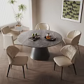 Elegant Round Dining Table Set With Beige Chairs Marble Top Wooden Floor And Decorative Painting