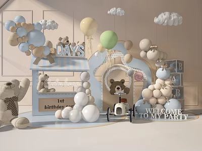 Commercial Equipment for 14th Birthday Party Setup with Balloons Teddy Bears and Welcome Sign 3d model