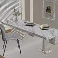 Elegant Interior With Marble Top Long Table Chair Blinds Wall Poster Potted Plant And Rug