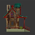 Cartoon Style House With Green Roof Red Accents And Pink Lantern On Green Grass