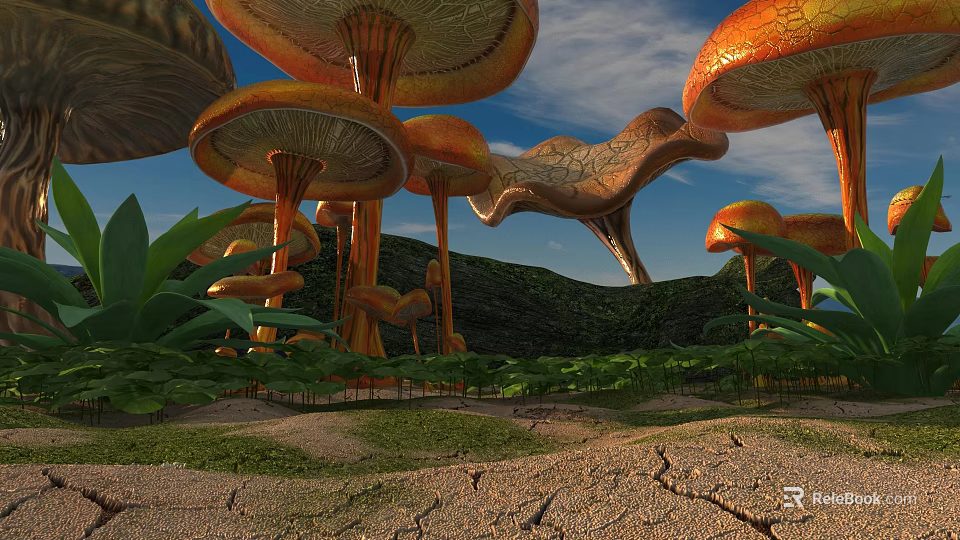 Giant Orange Mushrooms In Fantasy Landscape With Lush Green Plants And Blue Sky 3d model 