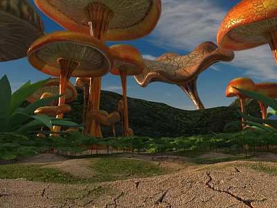 Giant Orange Mushrooms In Fantasy Landscape With Lush Green Plants And Blue Sky 3d model