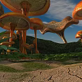 Giant Orange Mushrooms In Fantasy Landscape With Lush Green Plants And Blue Sky