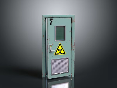 Green Metal Safety Door With Number 7 Small Window Radioactive Warning Sign And Vent 3d model