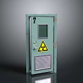 Green Metal Safety Door With Number 7 Small Window Radioactive Warning Sign And Vent