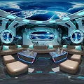 Luxury KTV Interior With Blue Neon Lights Circular Screens And Leather Seats