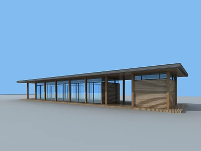 Modern Wooden Pavilion With Large Glass Windows And Long Canopy Structure 3d model