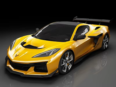 Yellow Corvette Sports Car With Black Rear Spoiler And Sleek Sporty Exterior Design 3d model