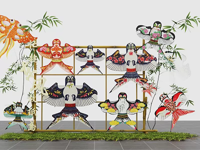 Art Installation With Fish And Bird Shaped Kites And Bamboo Decorations 3d model