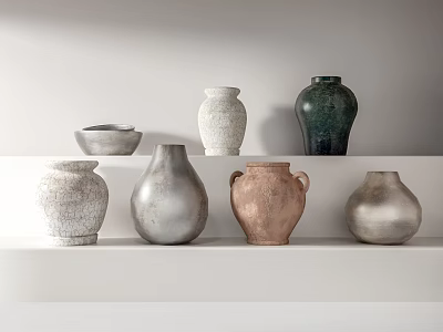Ceramic Vessels In Various Colors And Shapes On White Minimalist Shelf 3d model
