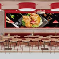 Restaurant Interior Featuring Red Pendant Lights Large Mural Roasted Chicken Lettuce Lime Spices Dining Tables