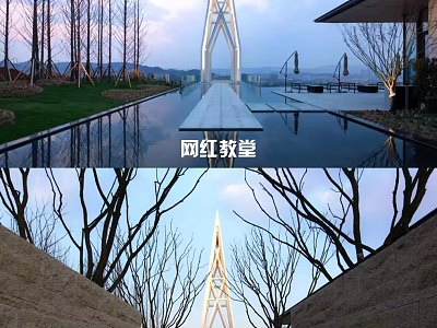 Iconic Modern Church With Reflective Pool Bare Trees And Sunset Mountain View 3d model