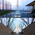 Iconic Modern Church With Reflective Pool Bare Trees And Sunset Mountain View