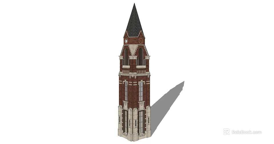 Red Brick Tower With Black Spire Arched Windows And White Trim Details 3d model 