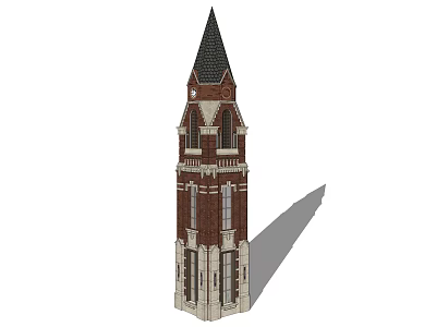 Red Brick Tower With Black Spire Arched Windows And White Trim Details 3d model