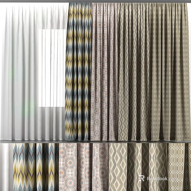Stylish Fabric Curtains With Diverse Patterns And Colors For Home Window Decor 3d model 
