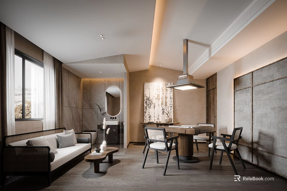 Modern Hotel Mahjong Room Interior With Sofa Coffee Table And Pendant Light 3d model 