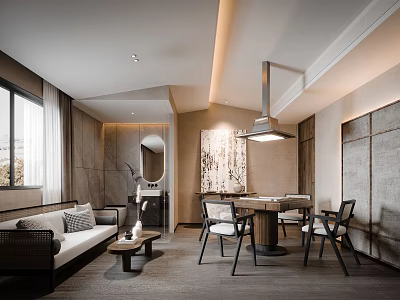 Modern Hotel Mahjong Room Interior With Sofa Coffee Table And Pendant Light 3d model