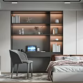 Modern Tatami Bedroom Interior With Desk Chair LED Shelves And Laptop