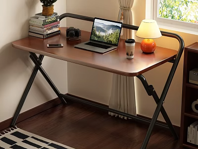 Wooden Folding Office Desk With Laptop Coffee Cup Lamp Books Camera And Plant By Window 3d model
