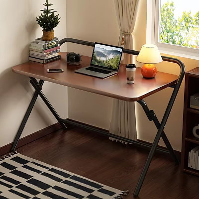 Wooden Folding Office Desk With Laptop Coffee Cup Lamp Books Camera And Plant By Window 3d model