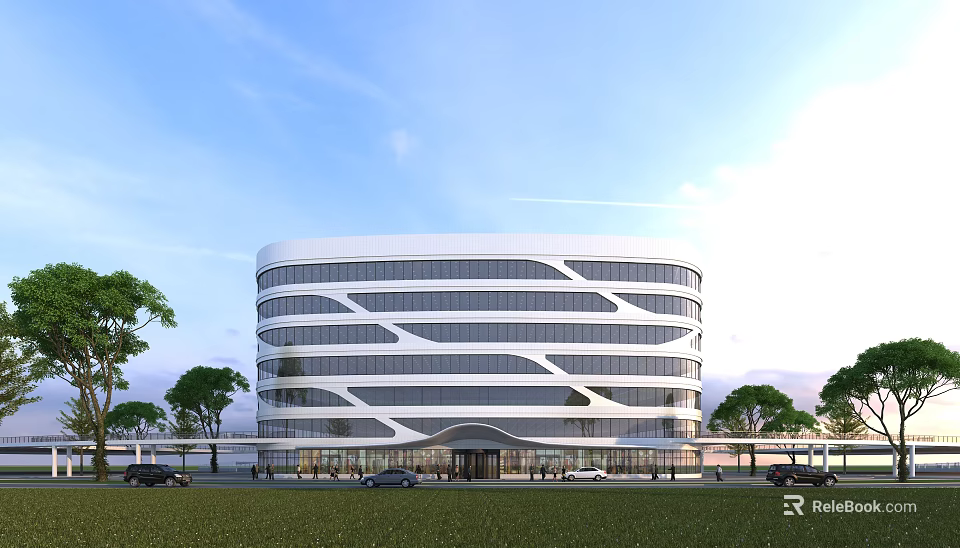 Modern Curved Office Building Exterior Design With Large Glass Windows Surrounding Greenery And Lawn 3d model 