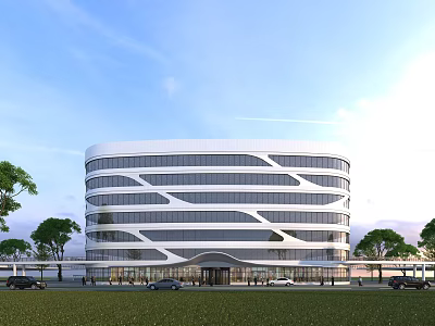 Modern Curved Office Building Exterior Design With Large Glass Windows Surrounding Greenery And Lawn 3d model