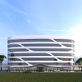 Modern Curved Office Building Exterior Design With Large Glass Windows Surrounding Greenery And Lawn