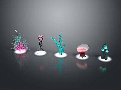 Cartoon Scene Featuring Vibrant Fantasy Plants With Colorful Unique Shapes On Glowing Bases 3d model