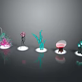 Cartoon Scene Featuring Vibrant Fantasy Plants With Colorful Unique Shapes On Glowing Bases